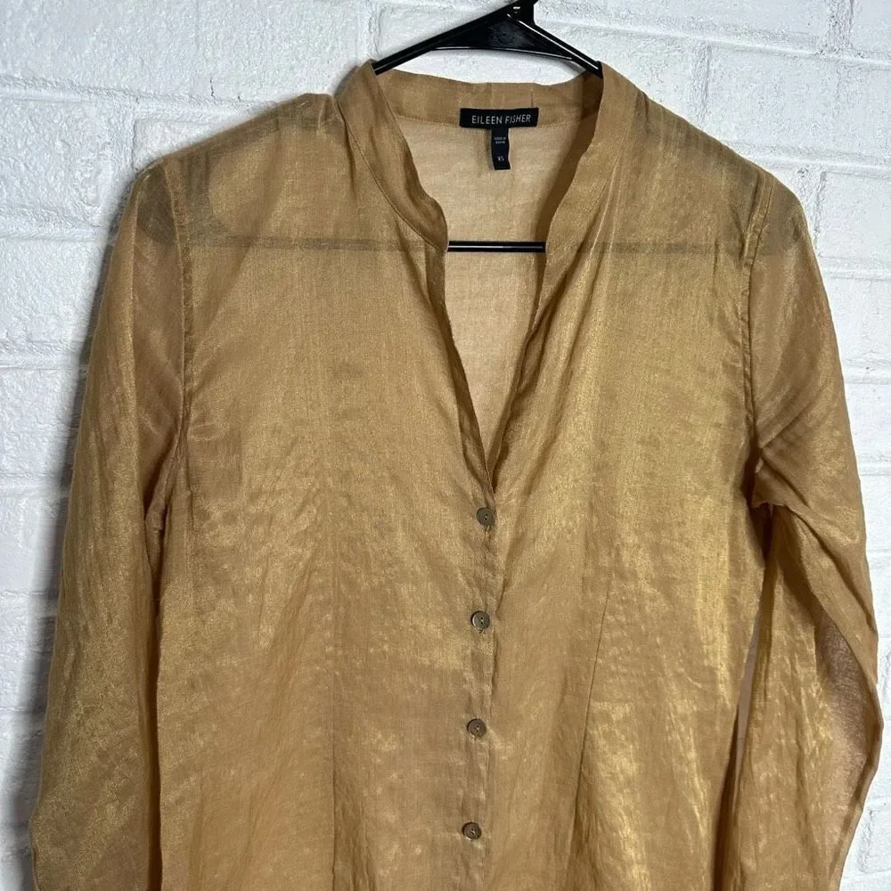Eileen Fisher Metallic Shimmery Gold Tunic Top Button Front size XS - Picture 2 of 5